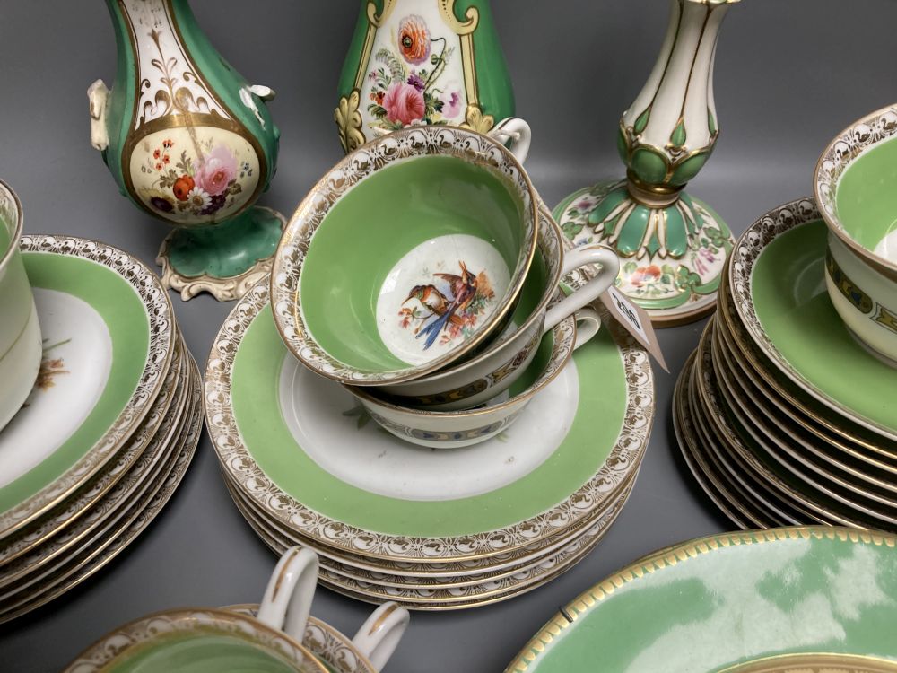 Three English porcelain vases, four dessert plates and a Bohemian green ground teaset, tallest 24cm